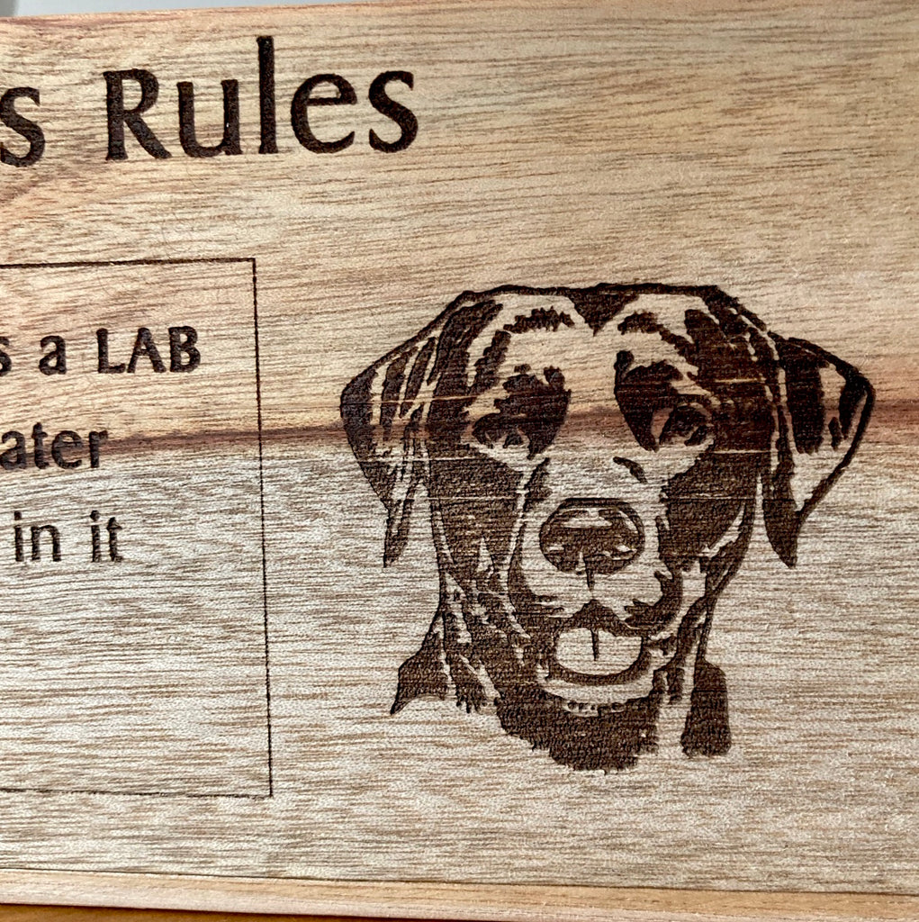 "Dog Rules" Personalised Camphor Laurel Wooden Block / Plaque