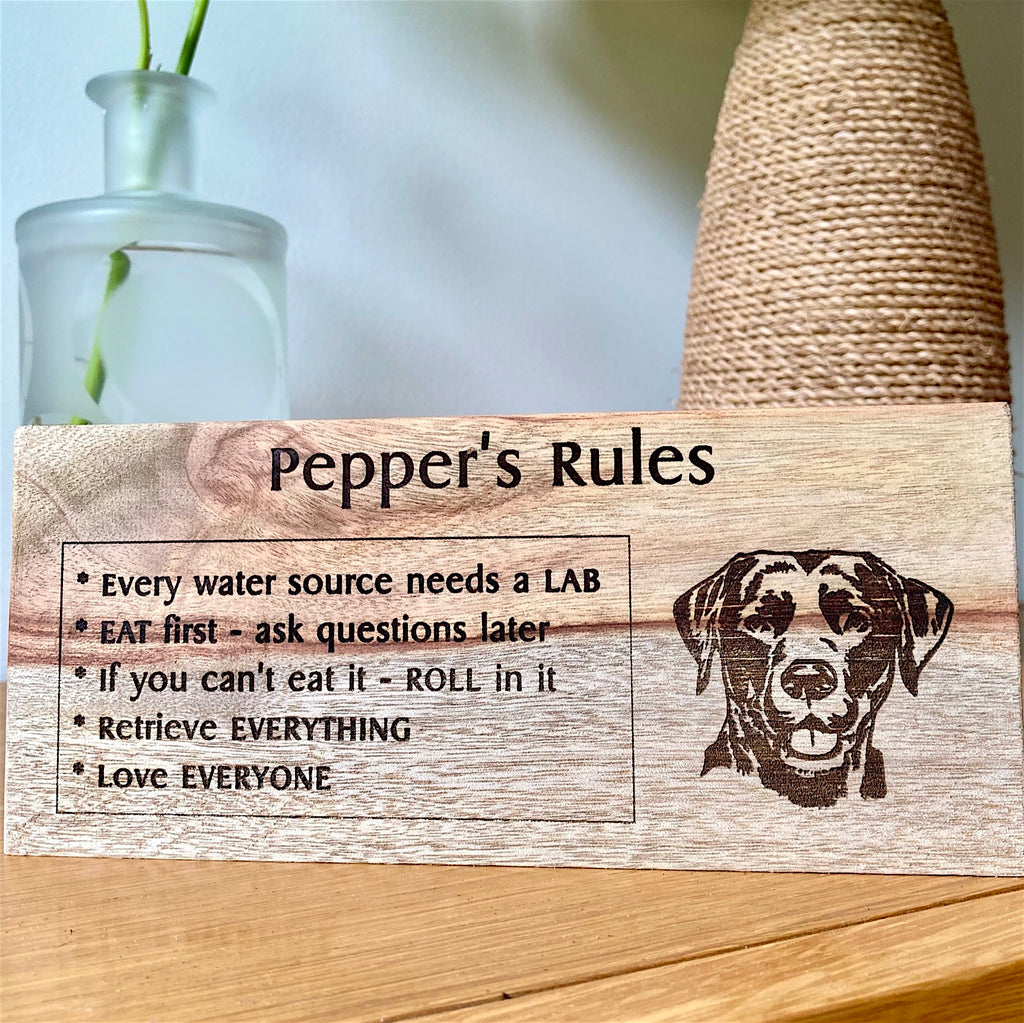 "Dog Rules" Personalised Camphor Laurel Wooden Block / Plaque