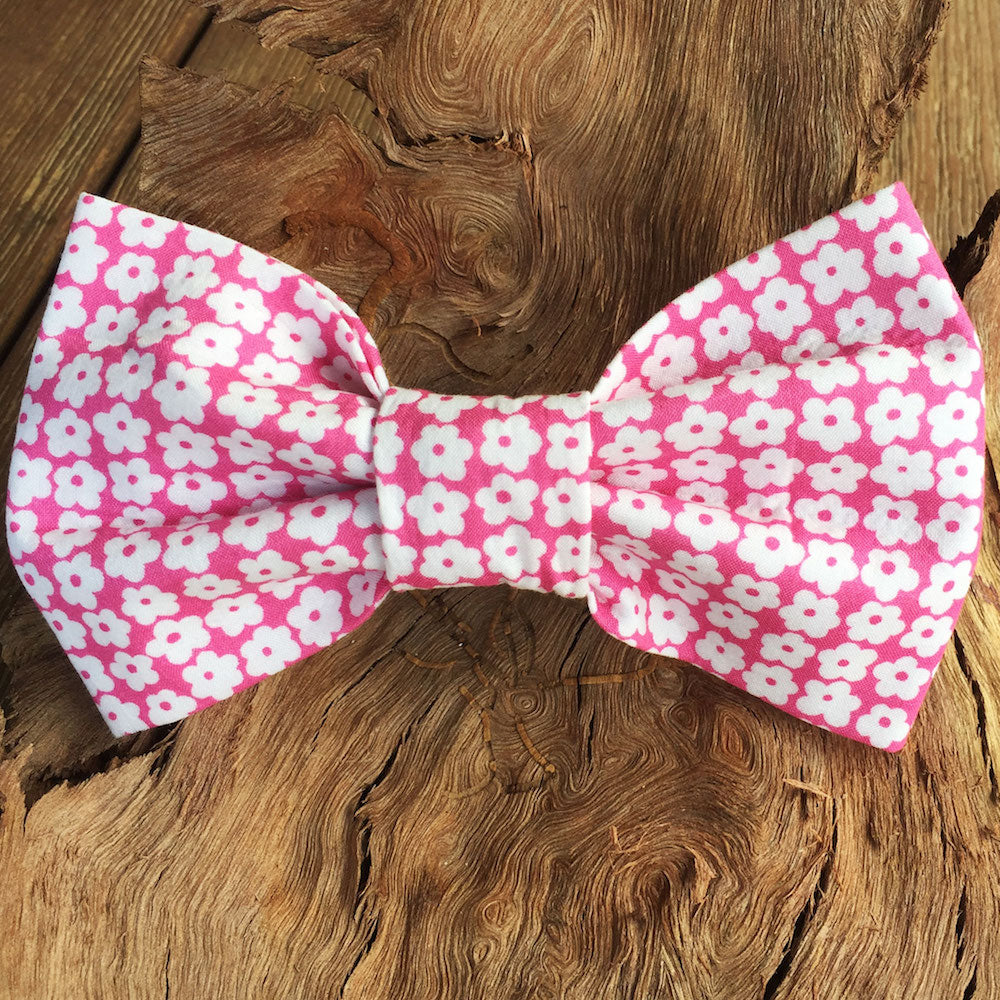 Handmade Dog Bow Tie, "Pink with White Flowers"
