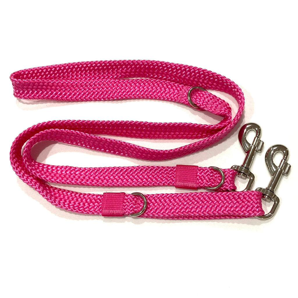 PINK Double Ended Tethering Dog Lead/Leash, Plaited Polyester Webbing with 3 D Rings