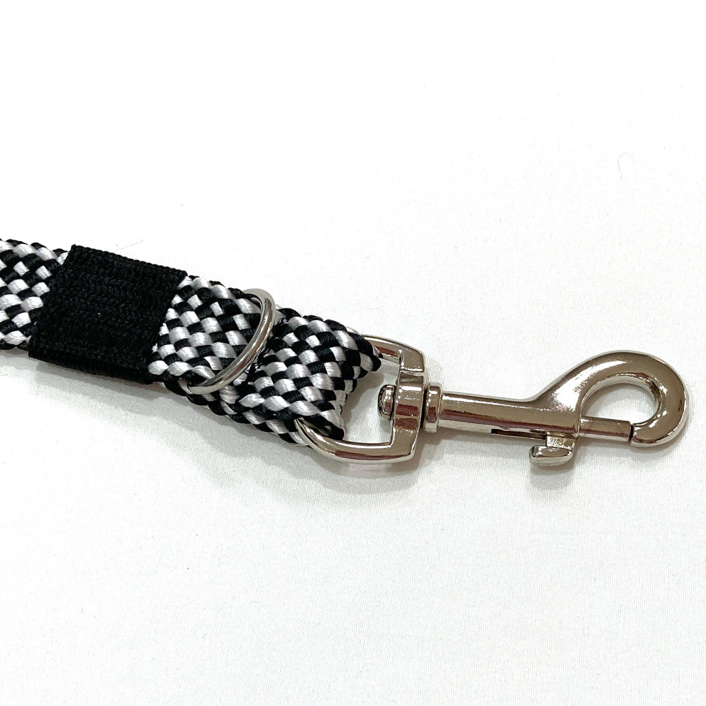 BLACK/WHITE Double Ended Tethering Dog Lead/Leash, Plaited Polyester Webbing with 3 D Rings