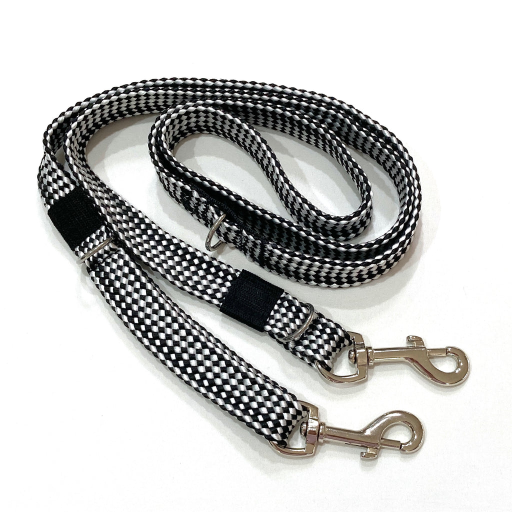 BLACK/WHITE Double Ended Tethering Dog Lead/Leash, Plaited Polyester Webbing with 3 D Rings