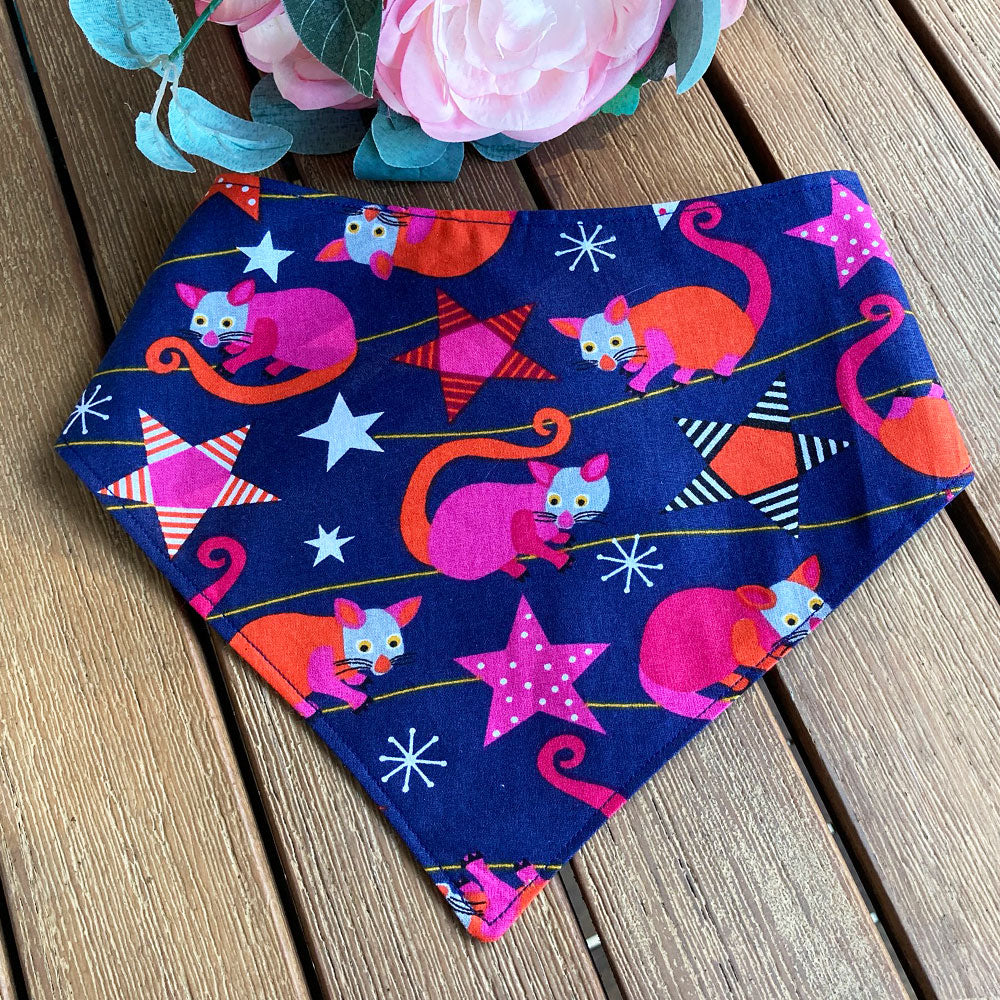 Xmas Dog Tie On Bandana, Navy Blue/Brights "Aussie Possums"