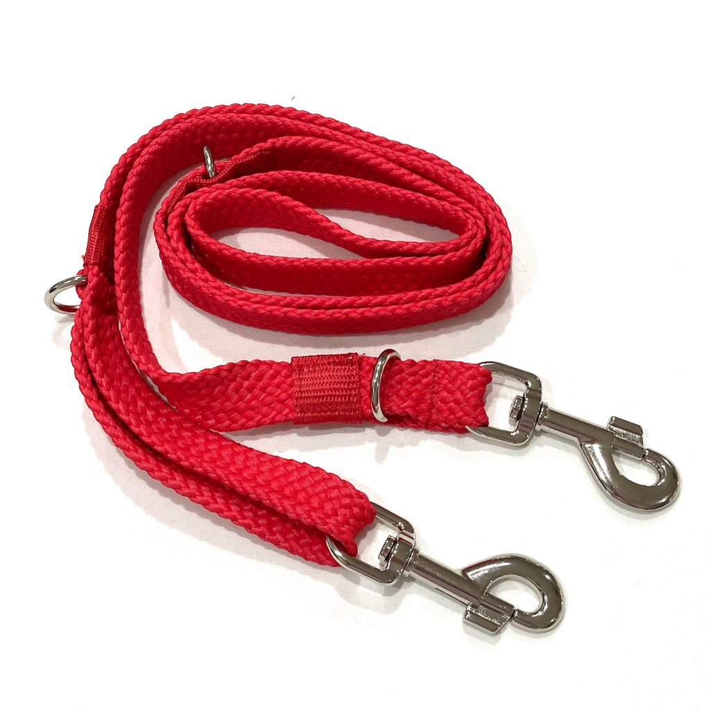 RED Double Ended Tethering Dog Lead/Leash, Plaited Polyester Webbing with 3 D Rings