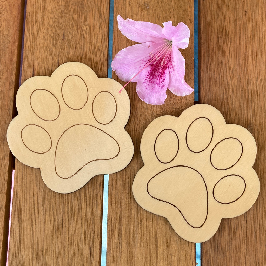 Set of 2 or 4 Wooden Paw Dog Coasters - Cut Out to Paw Shape, Dog Lover Gift
