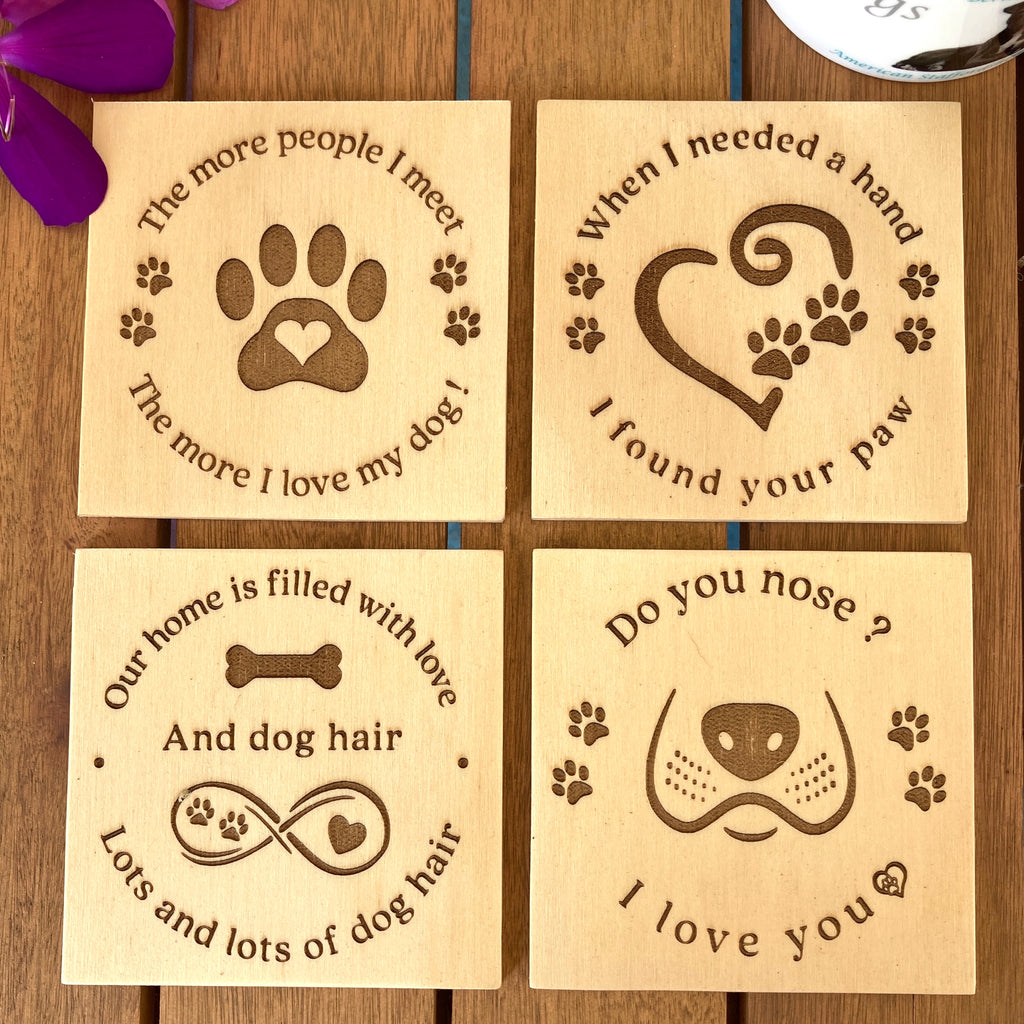 Set of 4 Mixed Designs Humorous Wooden Dog Themed Coasters - 4 Different Designs & Sayings, Dog Lover Gift