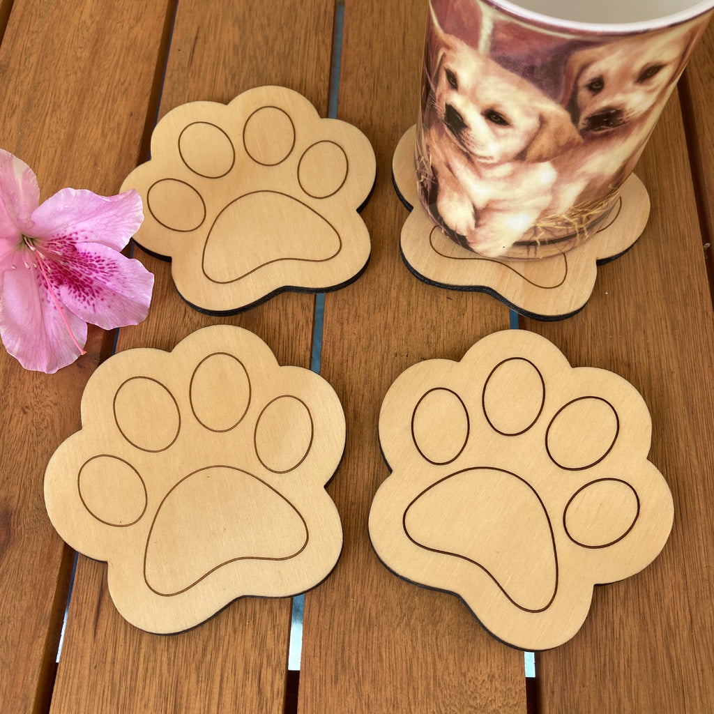 Set of 2 or 4 Wooden Paw Dog Coasters - Cut Out to Paw Shape, Dog Lover Gift