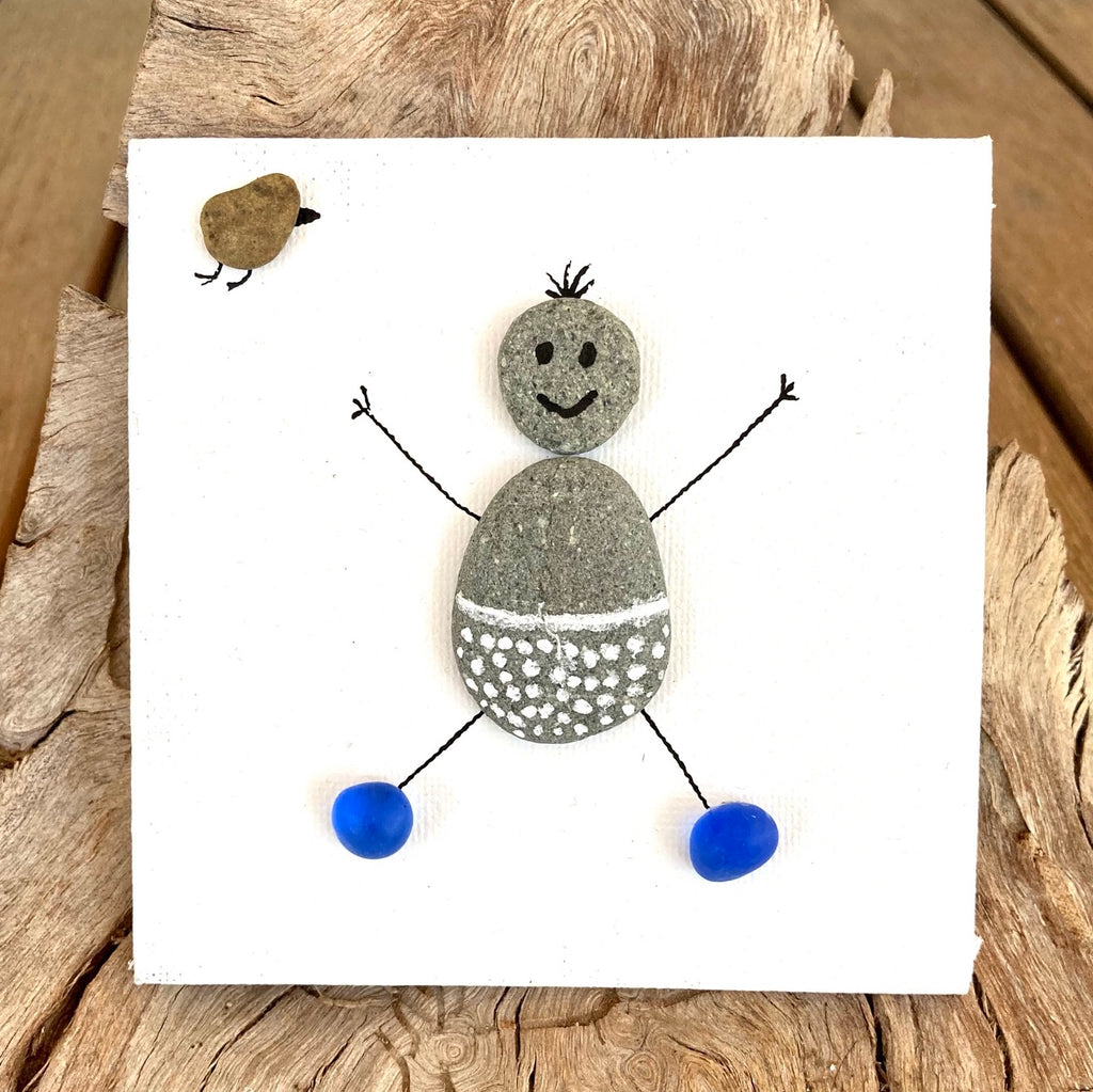Mini 4 inch Square Canvas Pebble & Sea Glass Art, "New Baby"