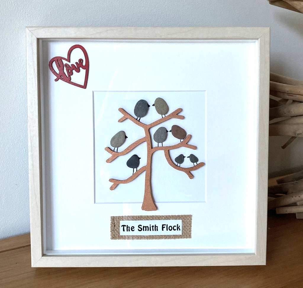 Shadowbox Framed Pebble Art "Family Flock...."