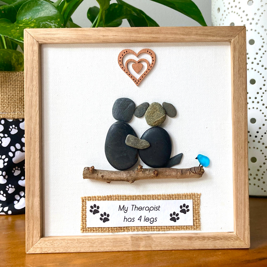 Framed Canvas Pebble & Sea Glass Art, "My Therapist Has 4 Legs", Unique Dog Lover Gift