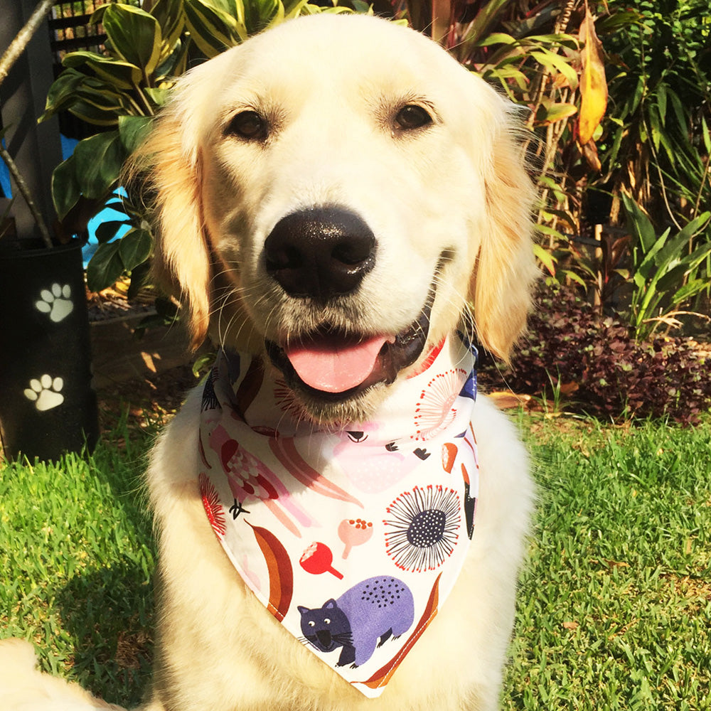 Xmas Dog Tie On Bandana, White "Native Wildlife"