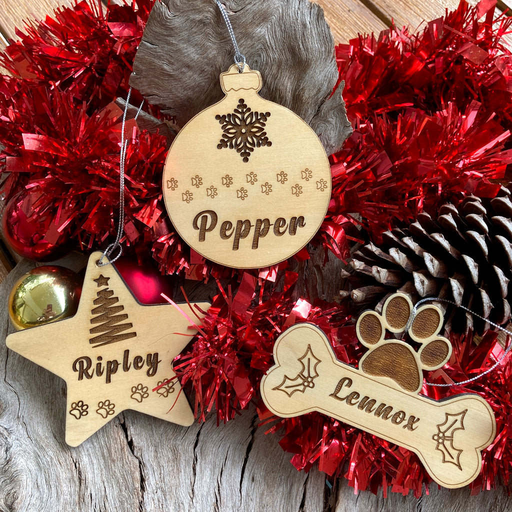 Personalised Wooden Dog Themed Xmas Tree Decorations, Great Dog Lover Gift