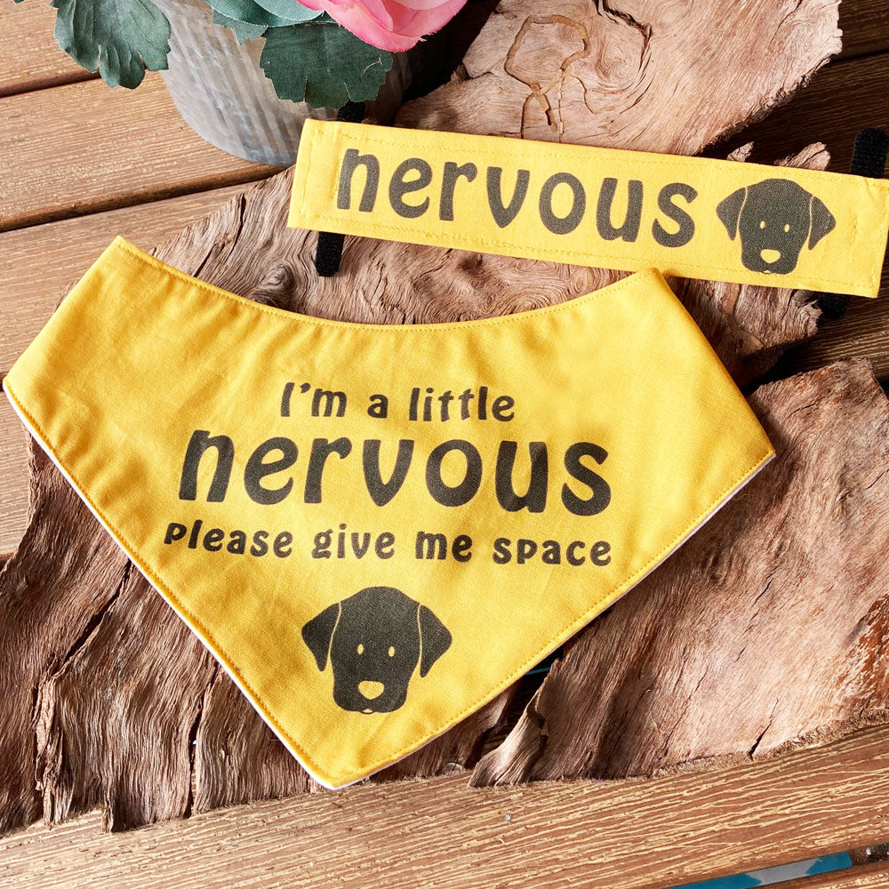 "NERVOUS DOG Bandana and Lead/Collar Strap Set" - Plain Yellow
