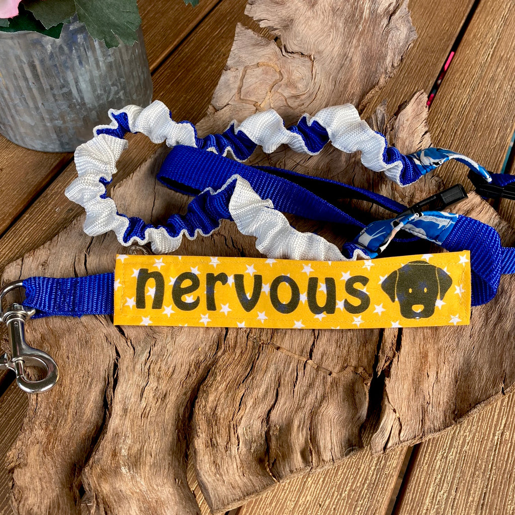 "NERVOUS DOG Lead/Collar Strap" - Yellow/White Stars