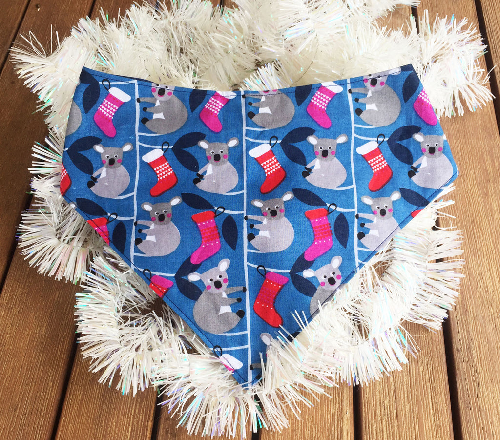 Xmas Dog Tie On Bandana, "Blue Koalas"