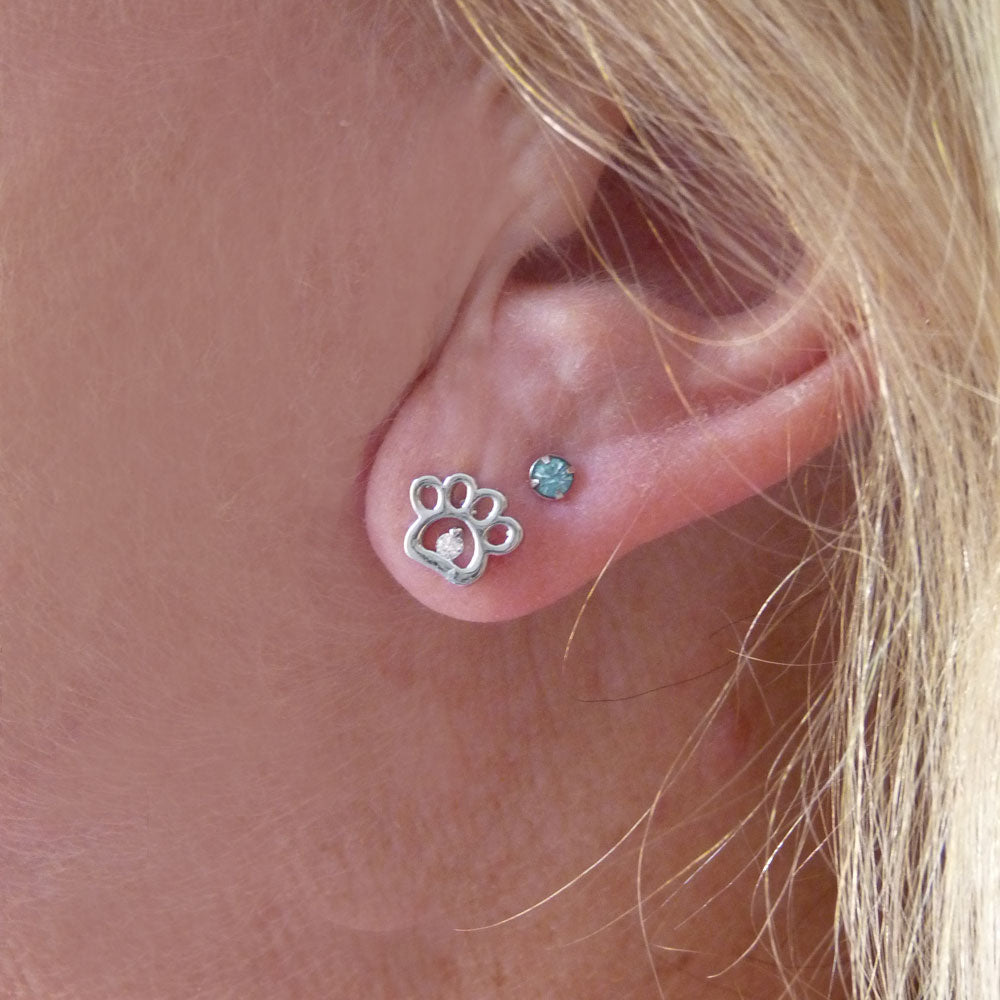 925 Silver Paw with Crystal Stud Earrings