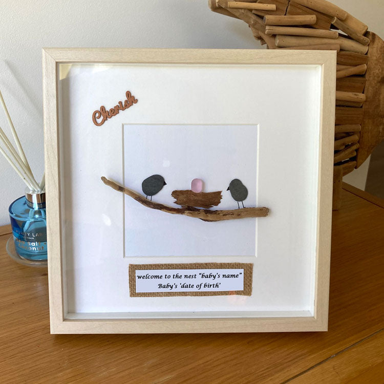 25 x 25cm Shadowbox Framed Personalised Pebble Art "Welcome to the Nest"